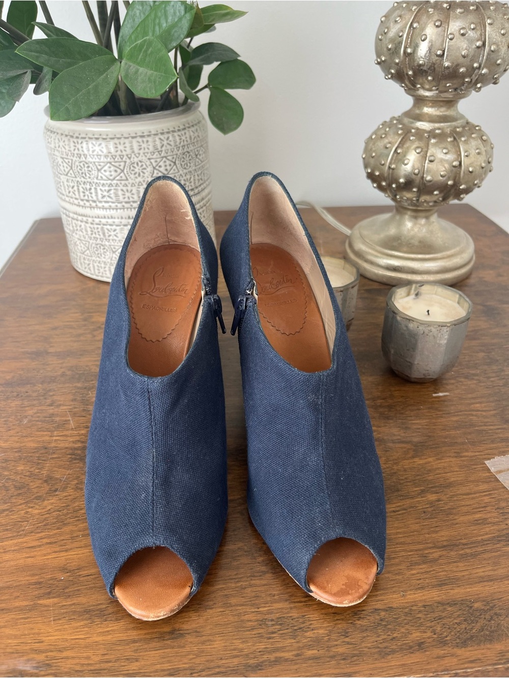 Christian Louboutin Navy Canvas Peep-Toe Booties